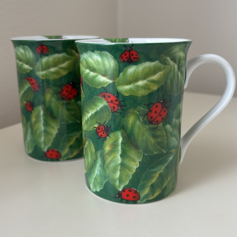 2 KONITZ GERMANY Lady Bug Ladybugs Coffee Mugs Tea Cups green leaves red ladybug